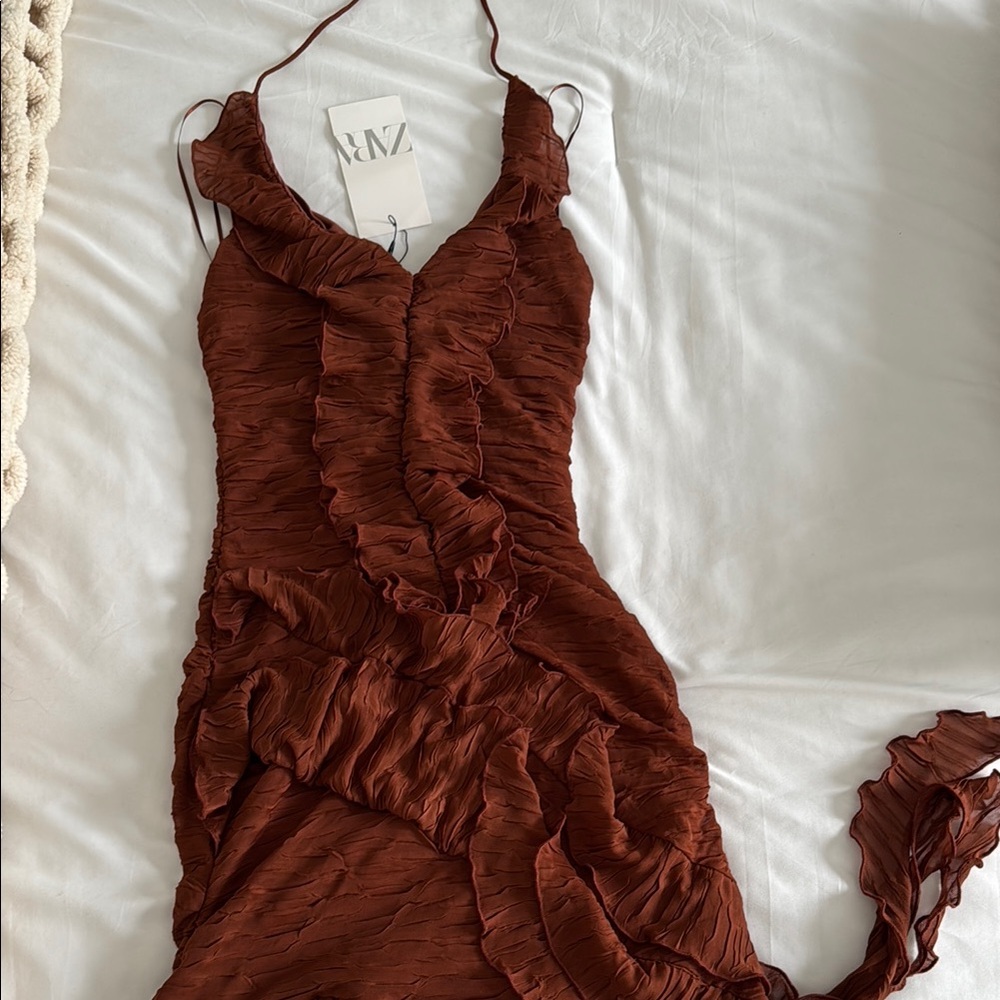 Zara Brown Asymmetrical Ruffled Sundress - Picture 2 of 3